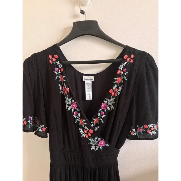 Tommy Bahama Black Floral Embroidered Wrap Midi Dress XL TSW15032C - Picture 6 of 7